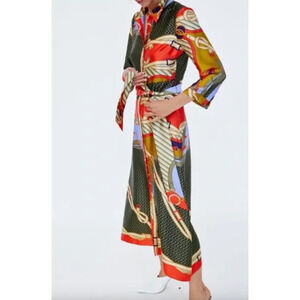 ZARA Midi Button Down Dress Satin Scarf Print with Belt